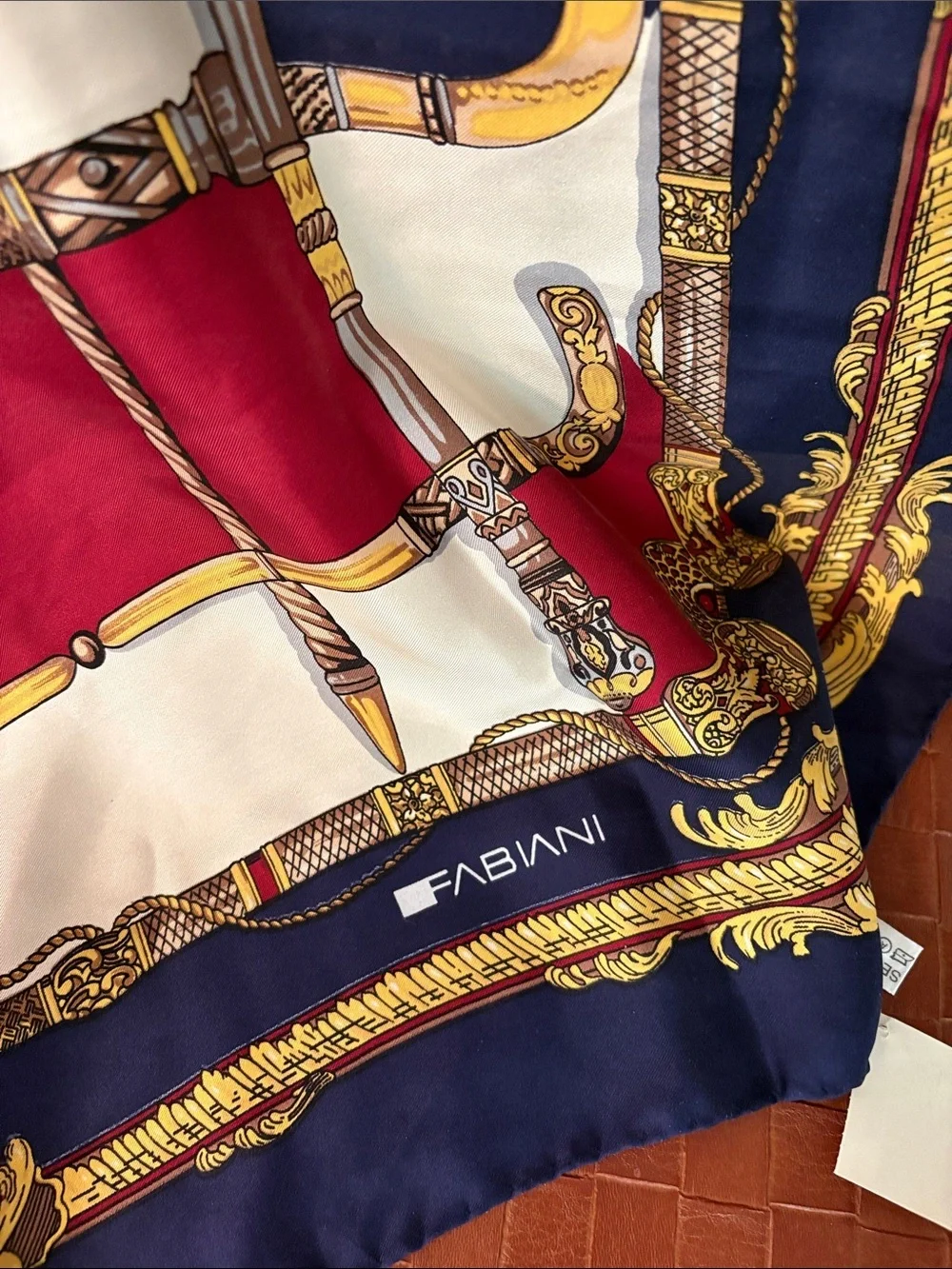 Fabiani 100% Silk Ornate Scarf— NWT—STUNNING!  Equestrian Hand Sewn Edges—Navy
